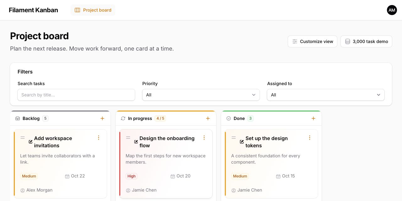 The onboarding task moved from Backlog to In progress, with the updated column count