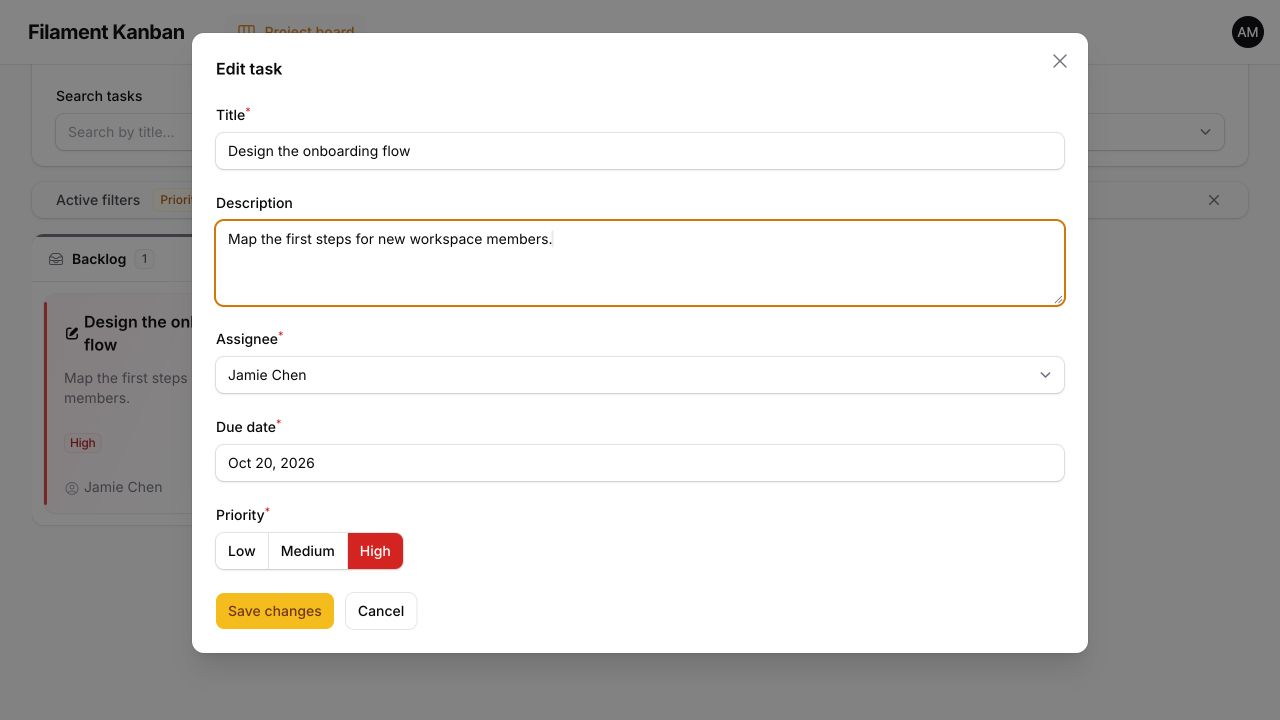 The same form filled with the selected card's values in an edit action