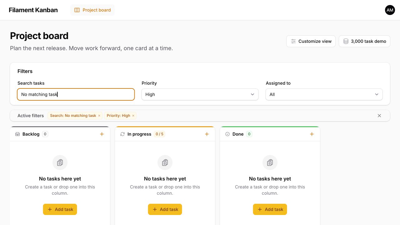 Custom empty-state heading, description, icon, and create action in each column