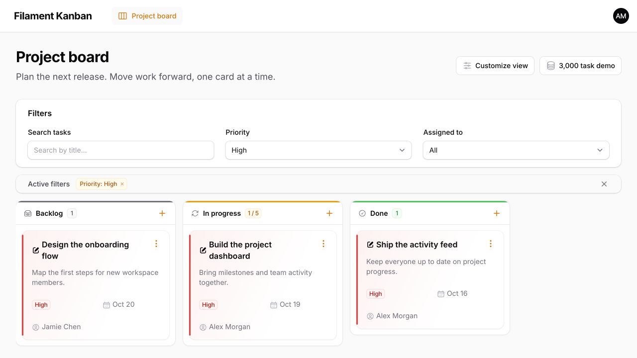 Native priority filtering with an active filter indicator and updated column counts