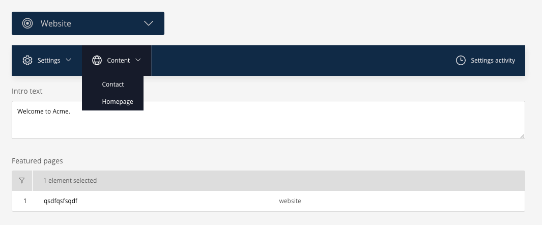 The settings form of a webspace, with the area dropdowns and the activity trail in its toolbar