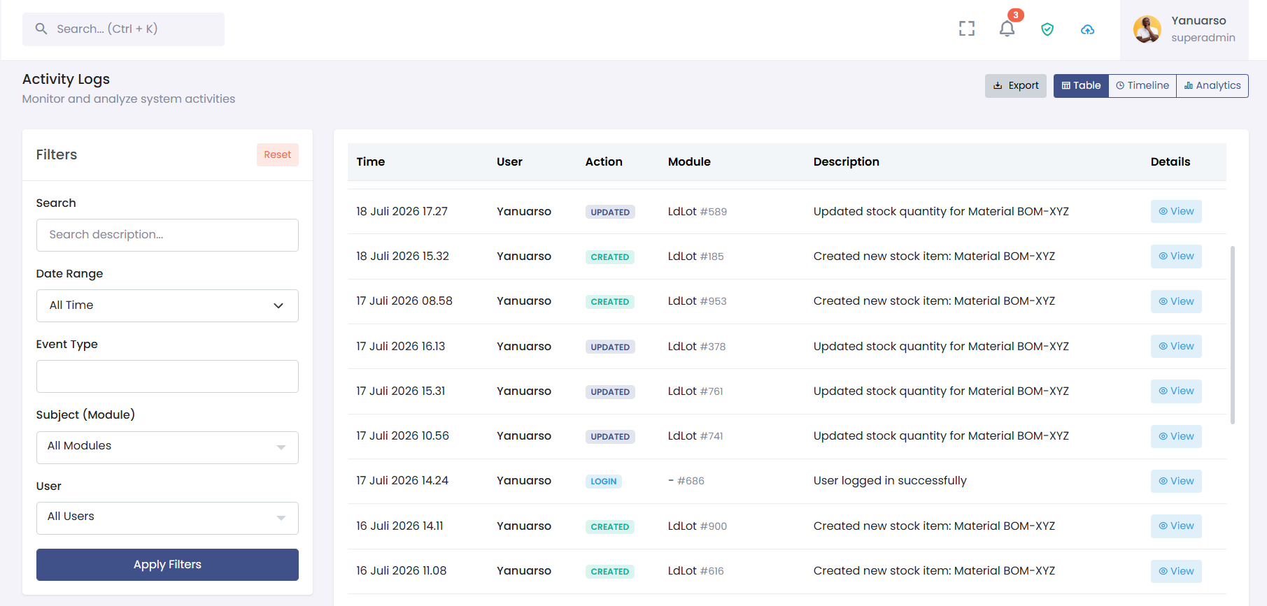 Activity Log UI Screenshot