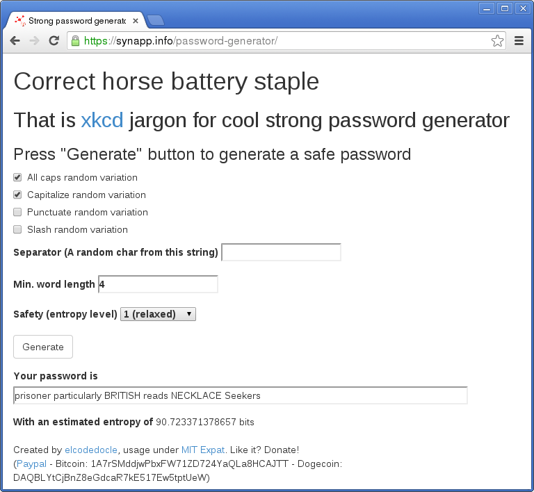 chbspassgen password generator test site snapshot with default settings