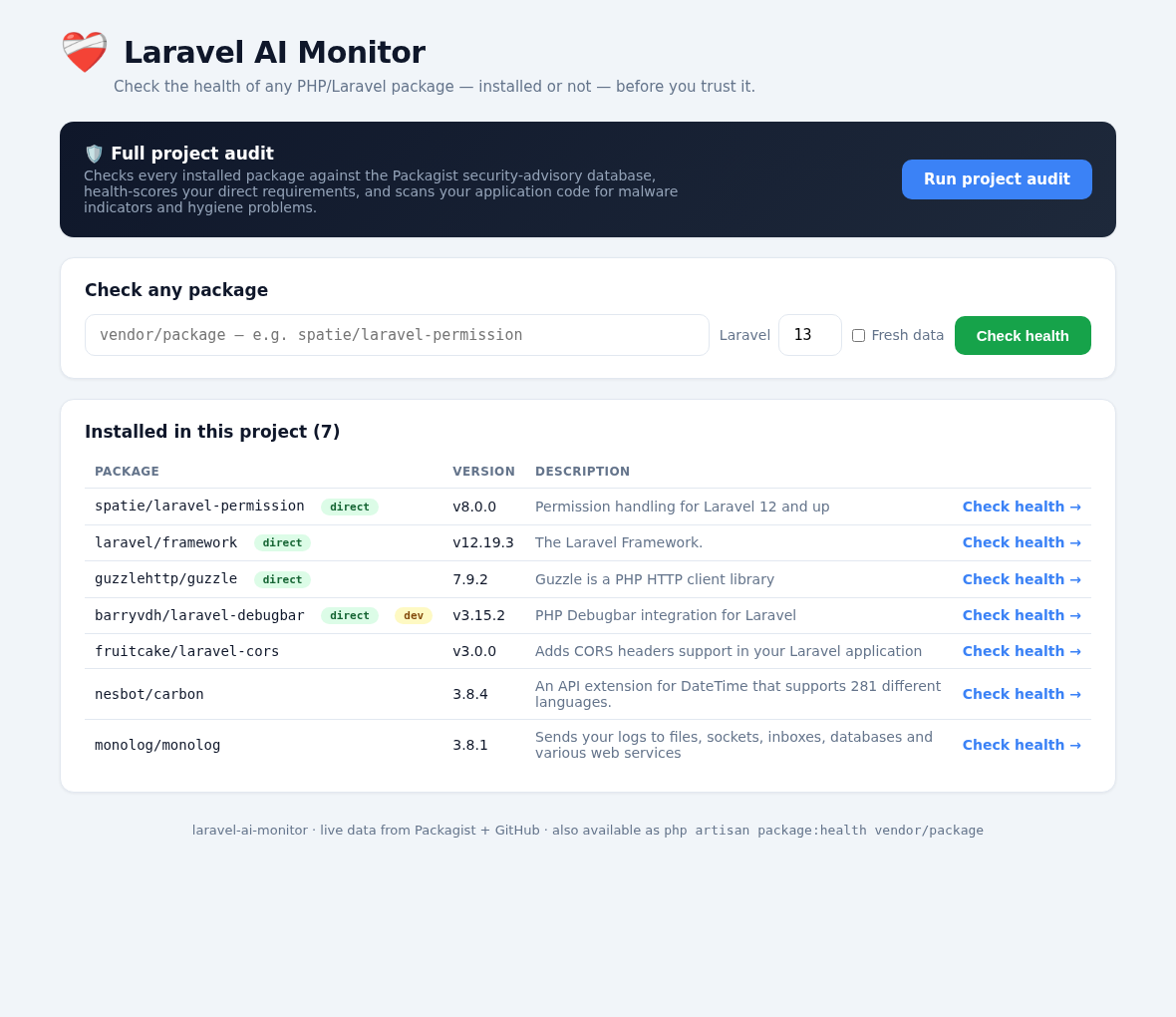Dashboard — check any package and see everything installed in your project