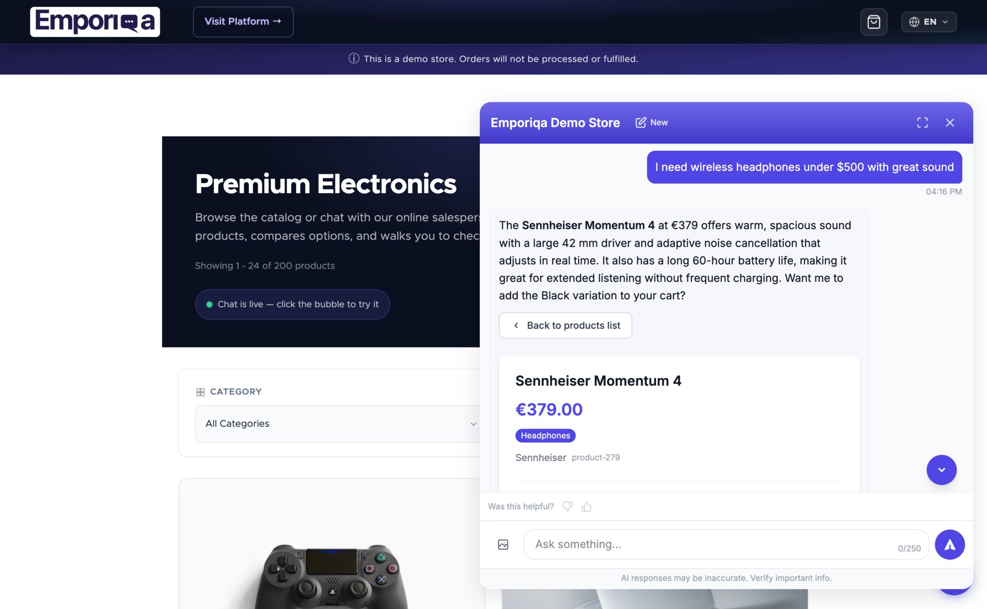 Emporiqa chat widget recommending wireless headphones from the store's catalog, with a product card showing price, stock, and an add-to-cart button