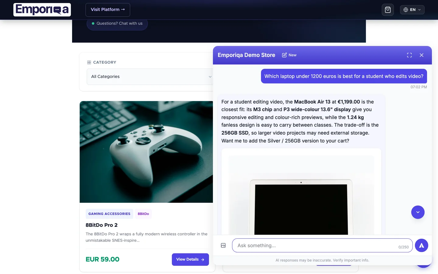 Emporiqa chat widget open on a storefront, answering which laptop under 1200 euros suits a student editing video: it names the model and price, then flags the storage trade-off and offers to add it to the cart