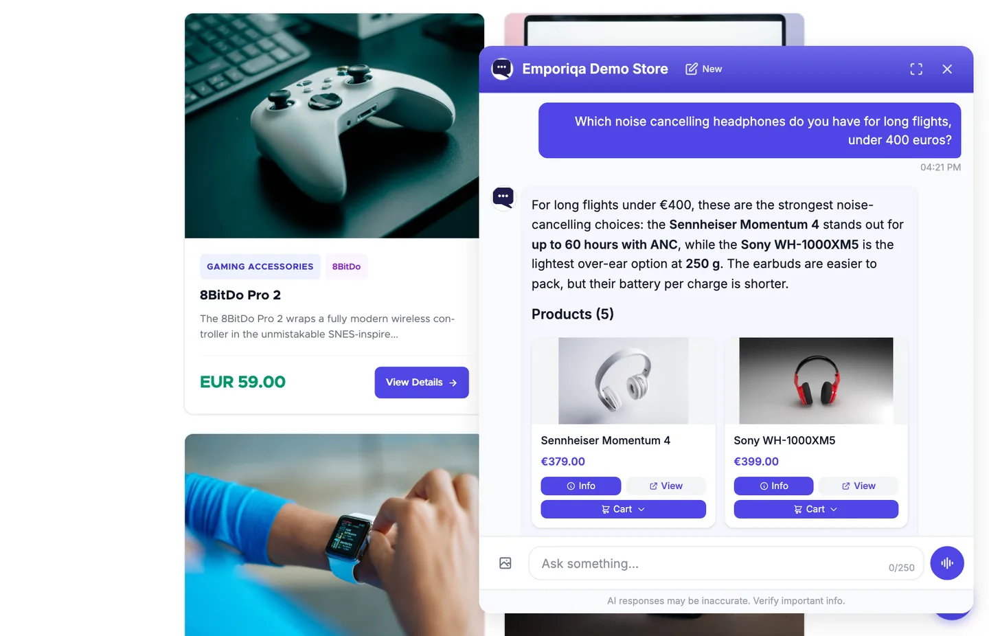 Emporiqa chat widget open on a storefront, answering which noise cancelling headphones under 400 euros suit long flights: it names the Sennheiser Momentum 4 for up to 60 hours with ANC and the Sony WH-1000XM5 at 250 g, and shows both as product cards with photo, price and a Cart button, above a message box with a photo button and a voice button