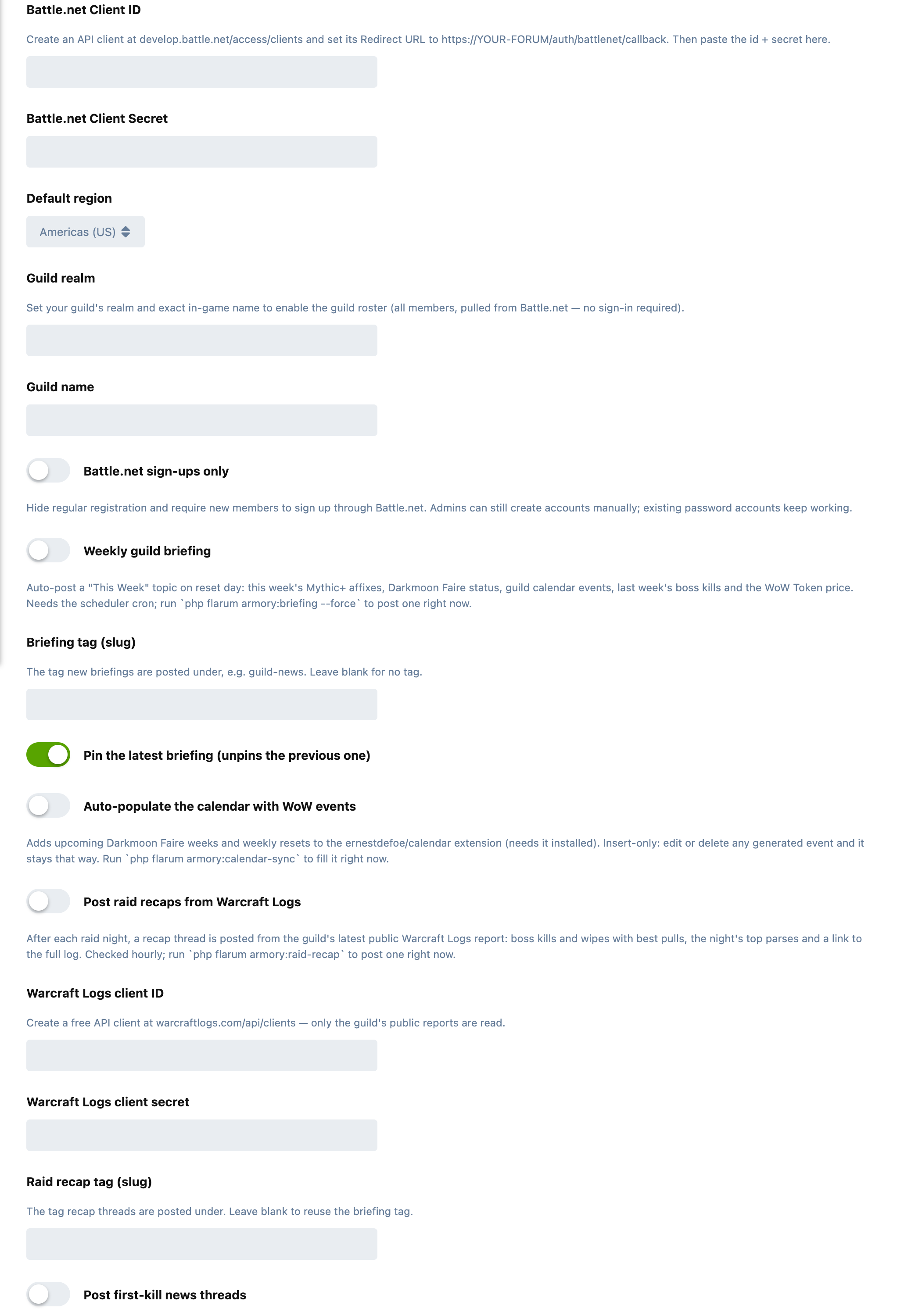 Armory's settings: Battle.net client, region, guild, Battle.net-only sign-ups and the automatic guild posts