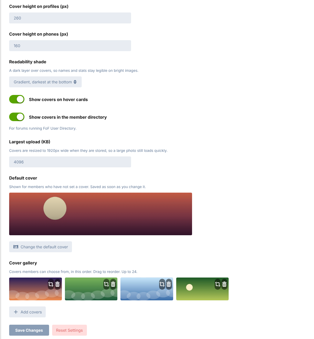 The settings page, with the default cover and the gallery