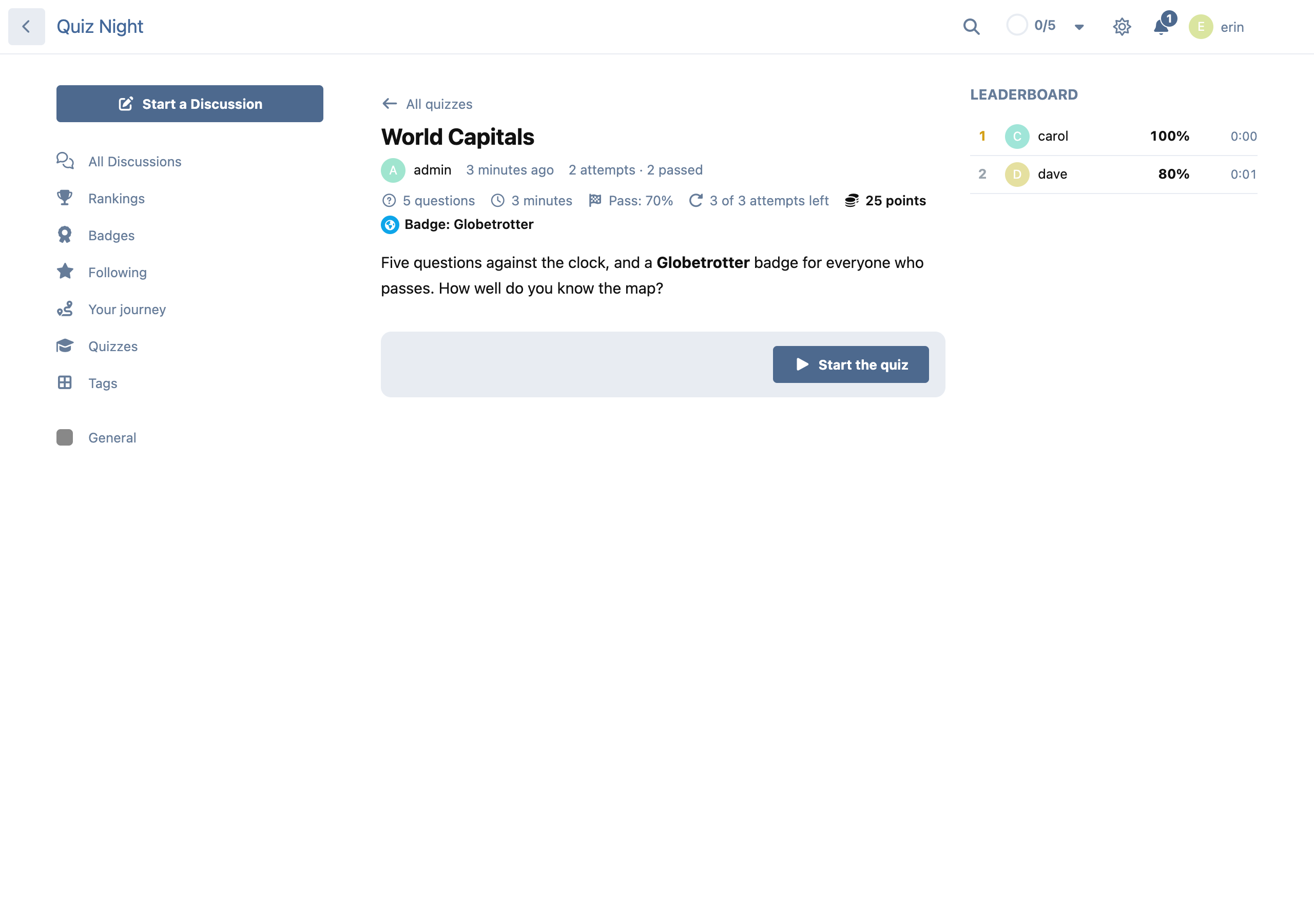 A quiz on its own page, on the default Flarum theme