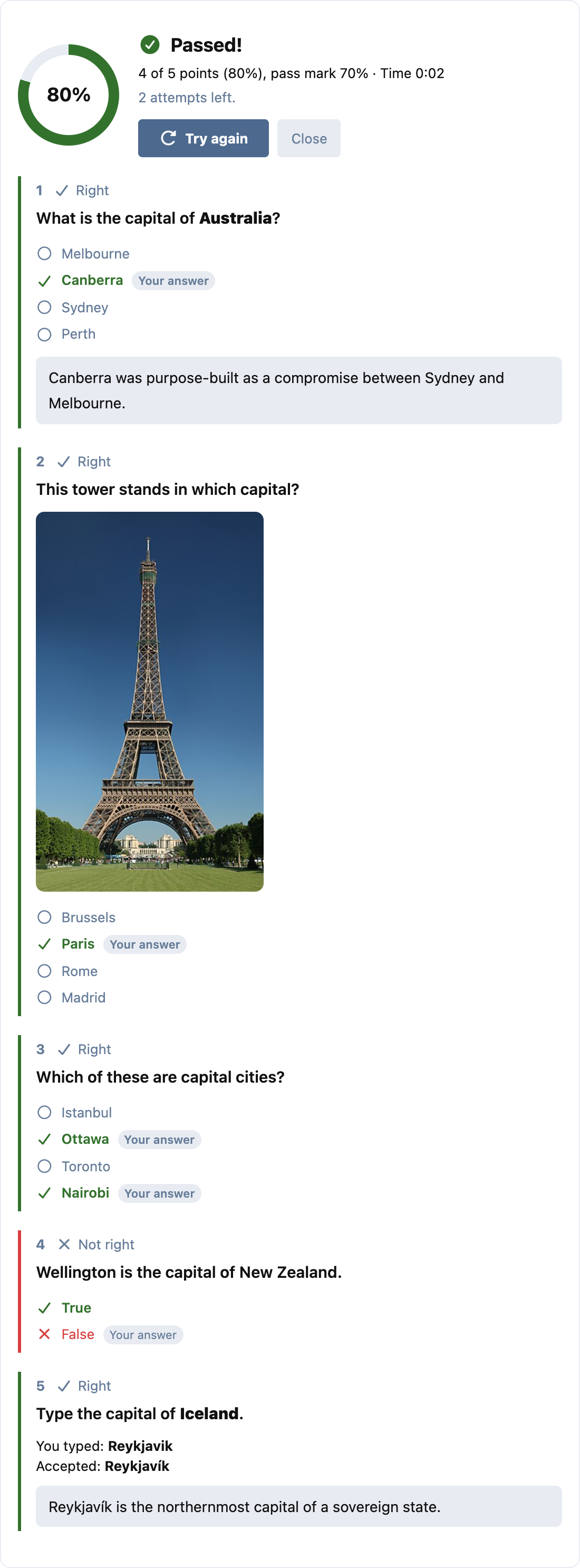 The result, with the answers shown