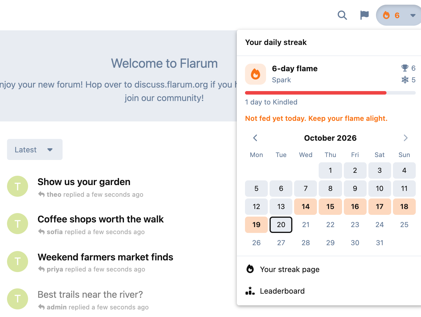 The header flame open: today's streak, the next tier and the month, with fed days filled in