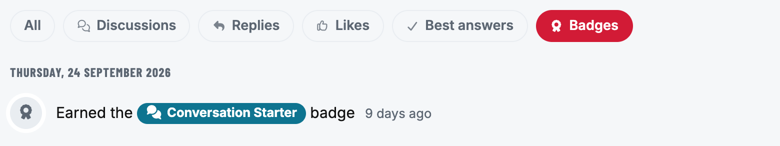 The filter chips with Badges selected, showing the badge a member earned