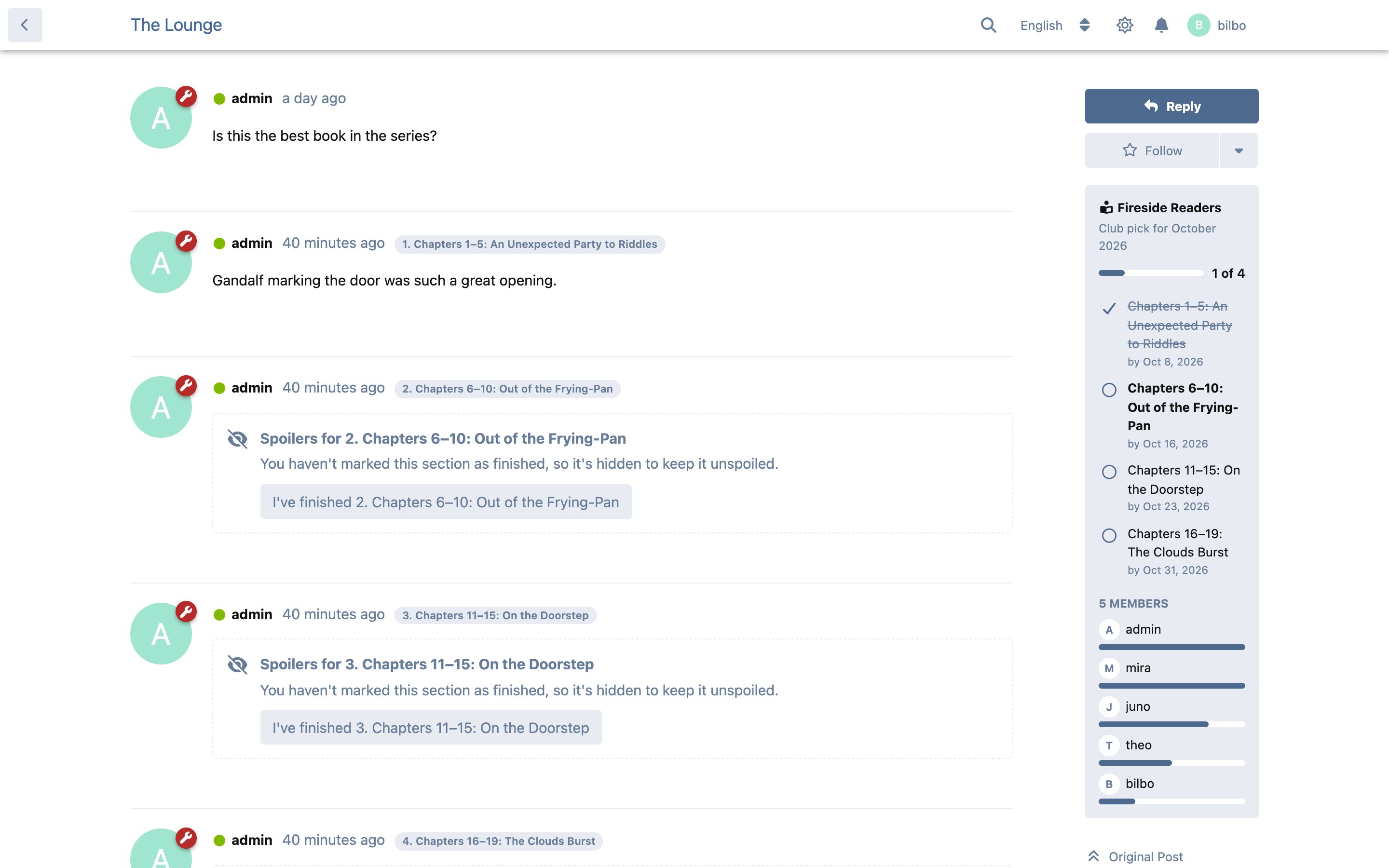 A club pick's discussion with its schedule and members' progress