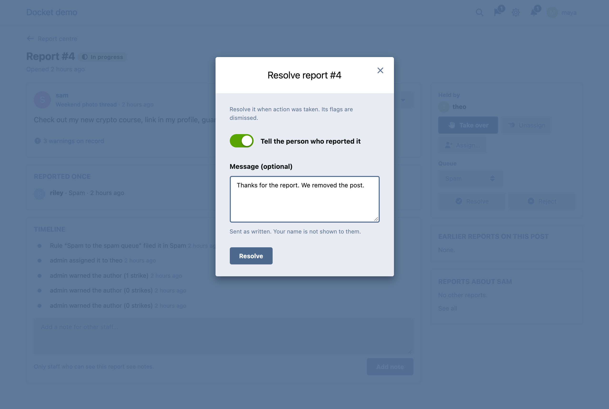 Resolving a report and telling the people who reported it