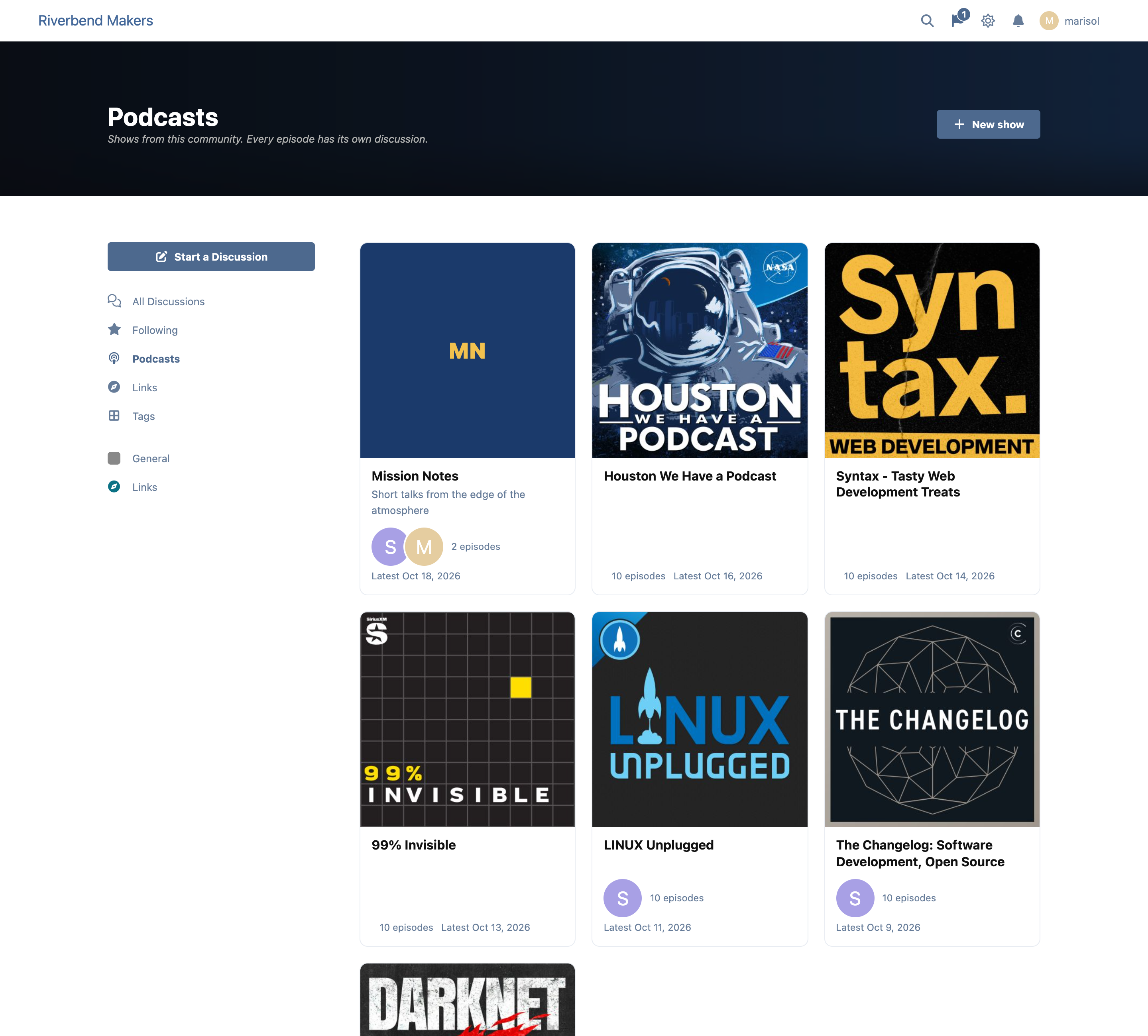 The podcasts page: show cards with cover art, hosts and the latest episode's date