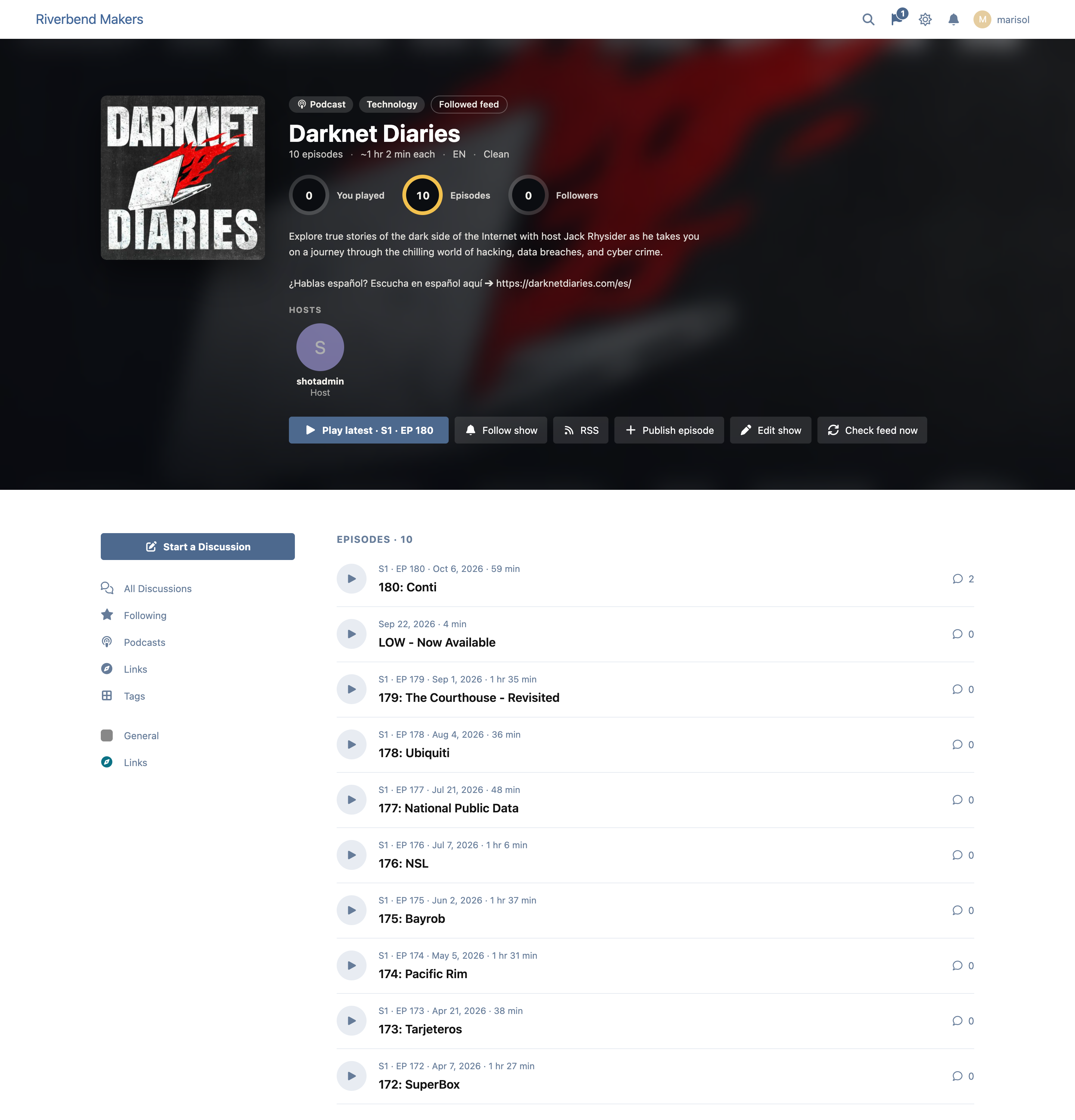A show's page: the hero with listening rings, subscribe buttons and hosts, and its episodes with how far you got