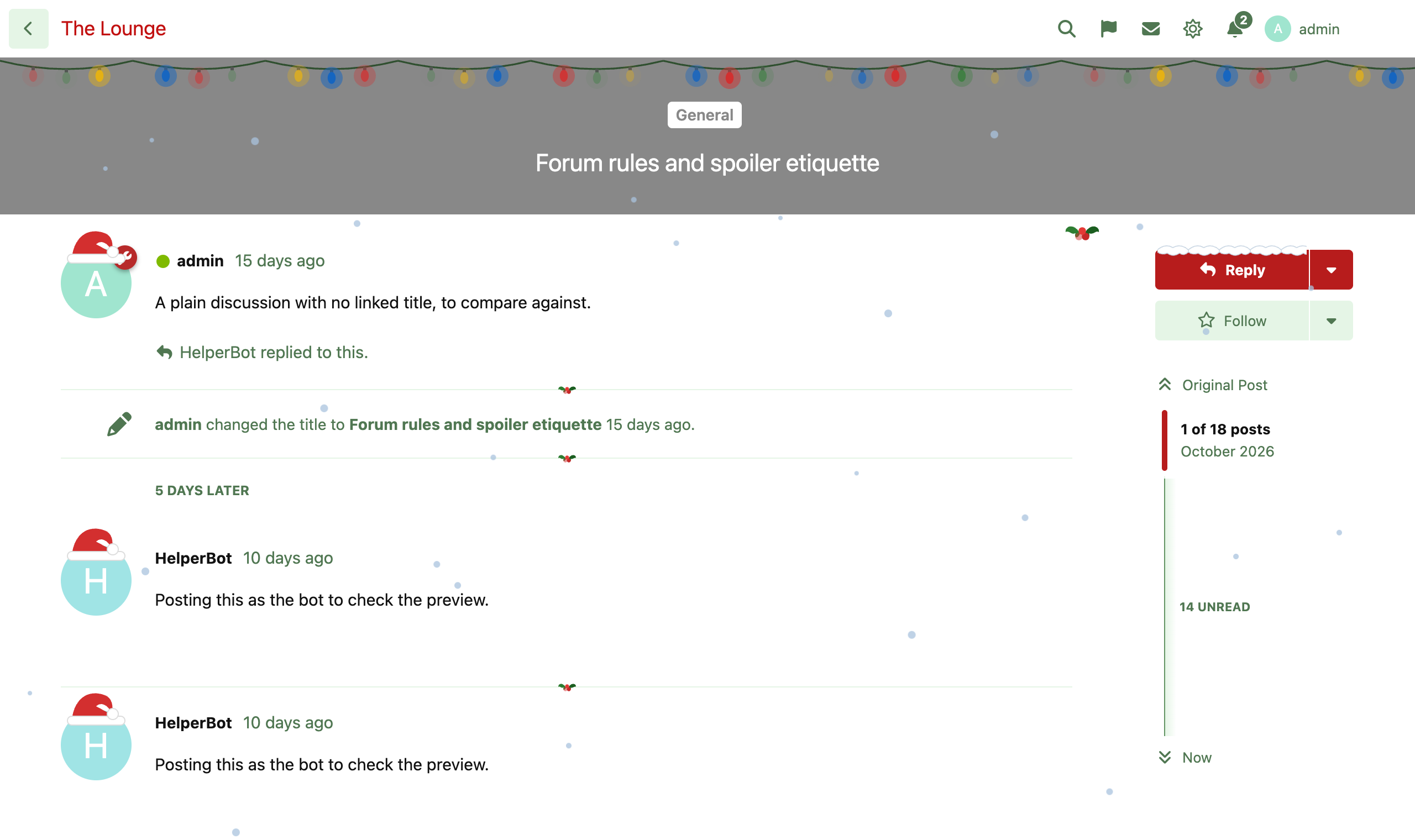 Christmas on a discussion page: twinkling lights, Santa hats, holly and snow