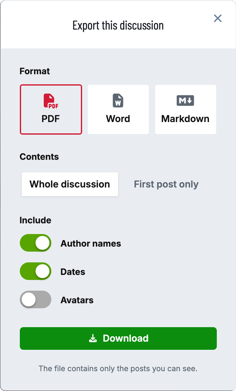 The export dialog: PDF, Word and Markdown to choose from, whole discussion or first post only, and switches for author names, dates and avatars