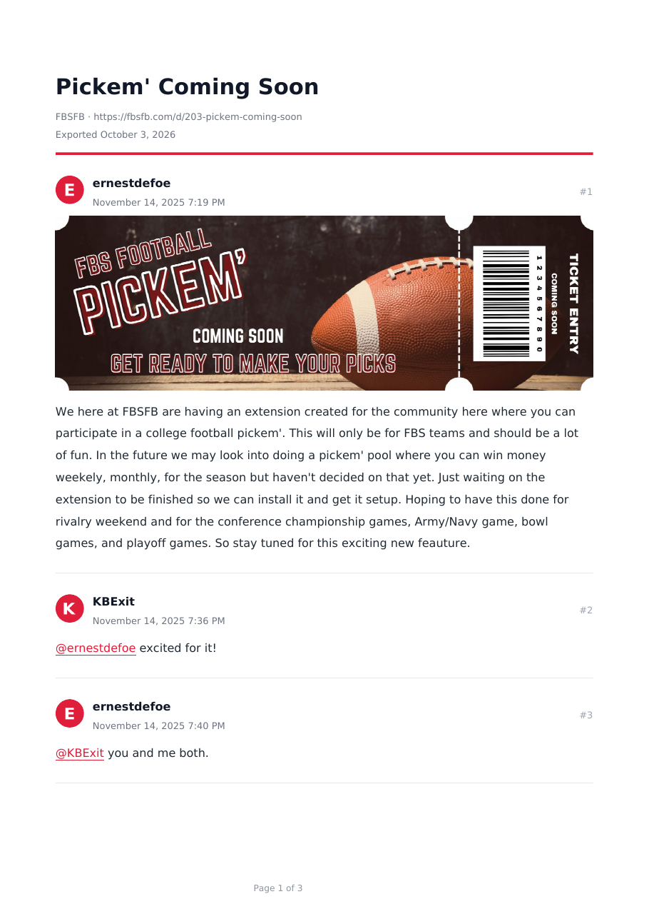 Page one of an exported PDF: the title, the forum and link, then each post with its author, date and post number, its banner image embedded