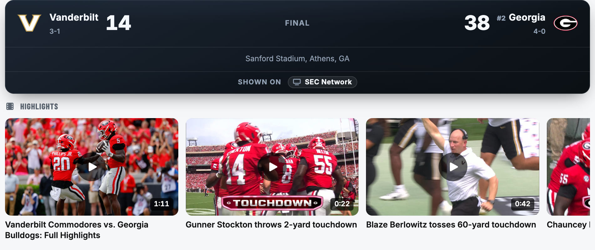 A final scoreboard with a strip of highlight clips under it