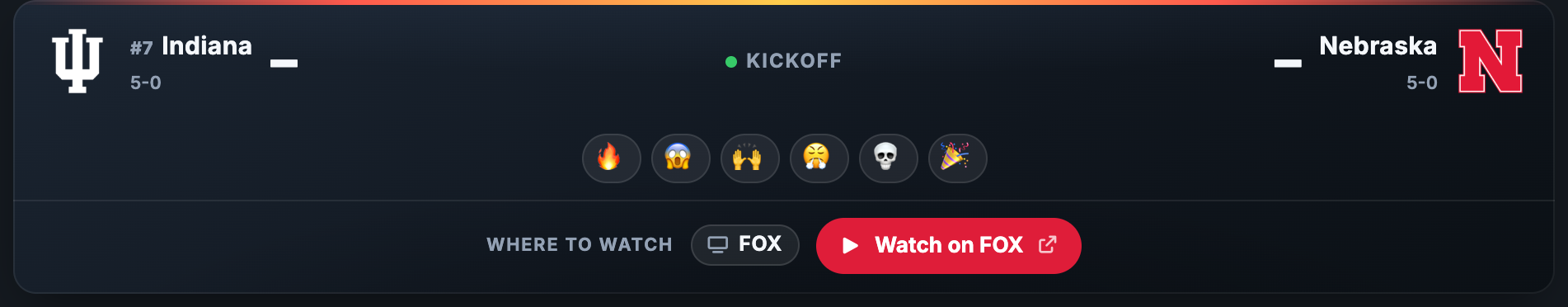 A live game: the reactions bar, then where to watch with a Watch on FOX button