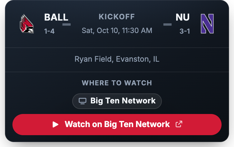 The same row on a phone: Big Ten Network chip, full-width Watch button