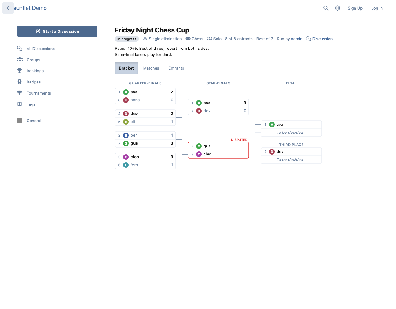 A single-elimination bracket on the default Flarum theme