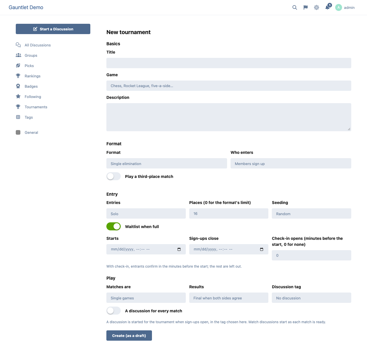 The organiser's form