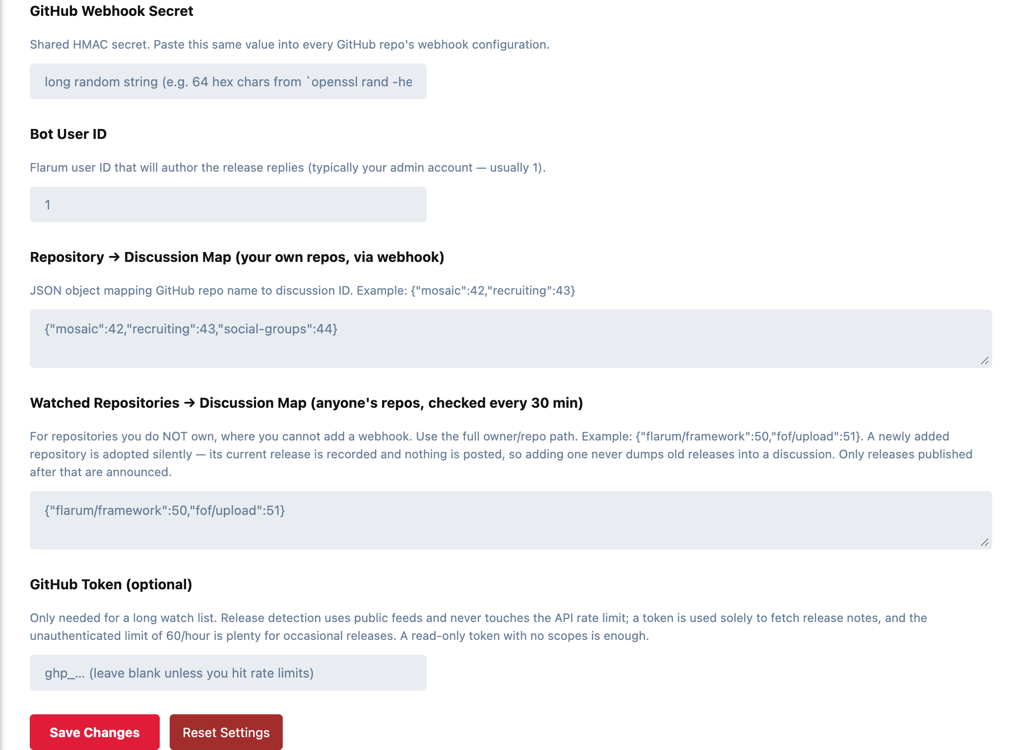 GitHub Release Bot's settings: webhook secret, bot user ID, the two repository maps and an optional GitHub token