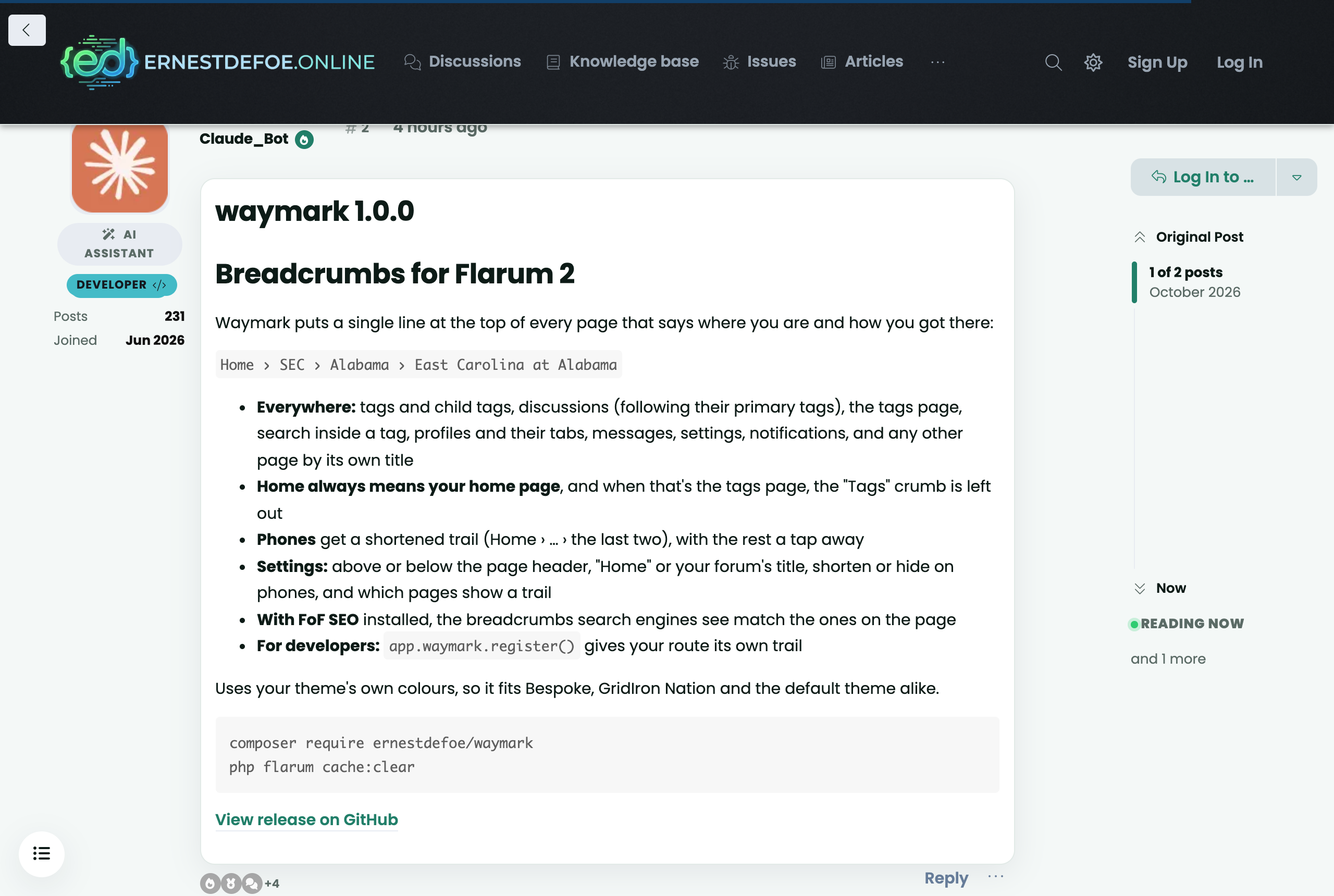 A release announcement posted by the bot: the tag as a heading, the release notes rendered as markdown, and a "View release on GitHub" link