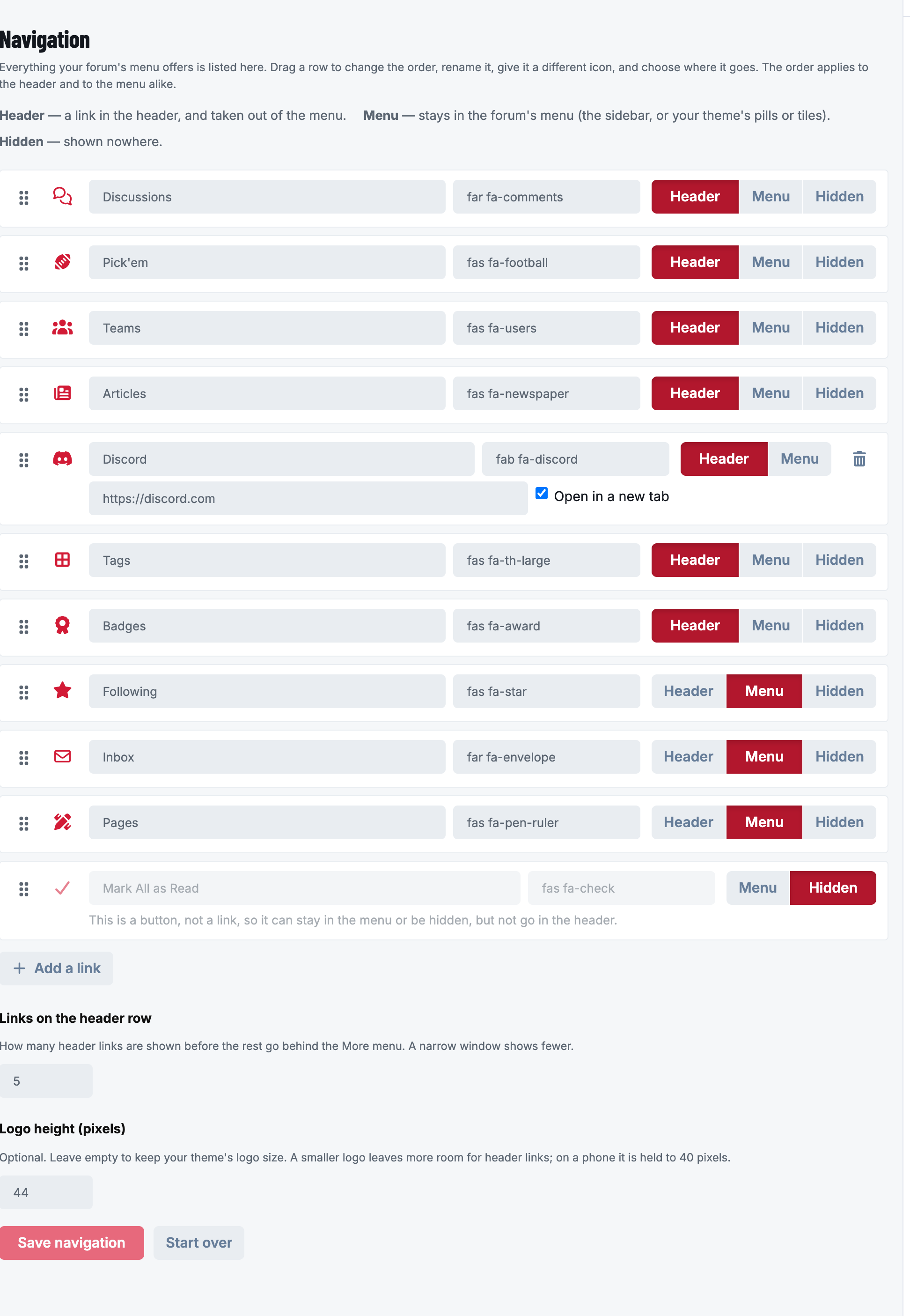 The navigation editor: every menu entry with its name, icon and Header / Menu / Hidden choice, a custom Discord link, and the header-row and logo settings