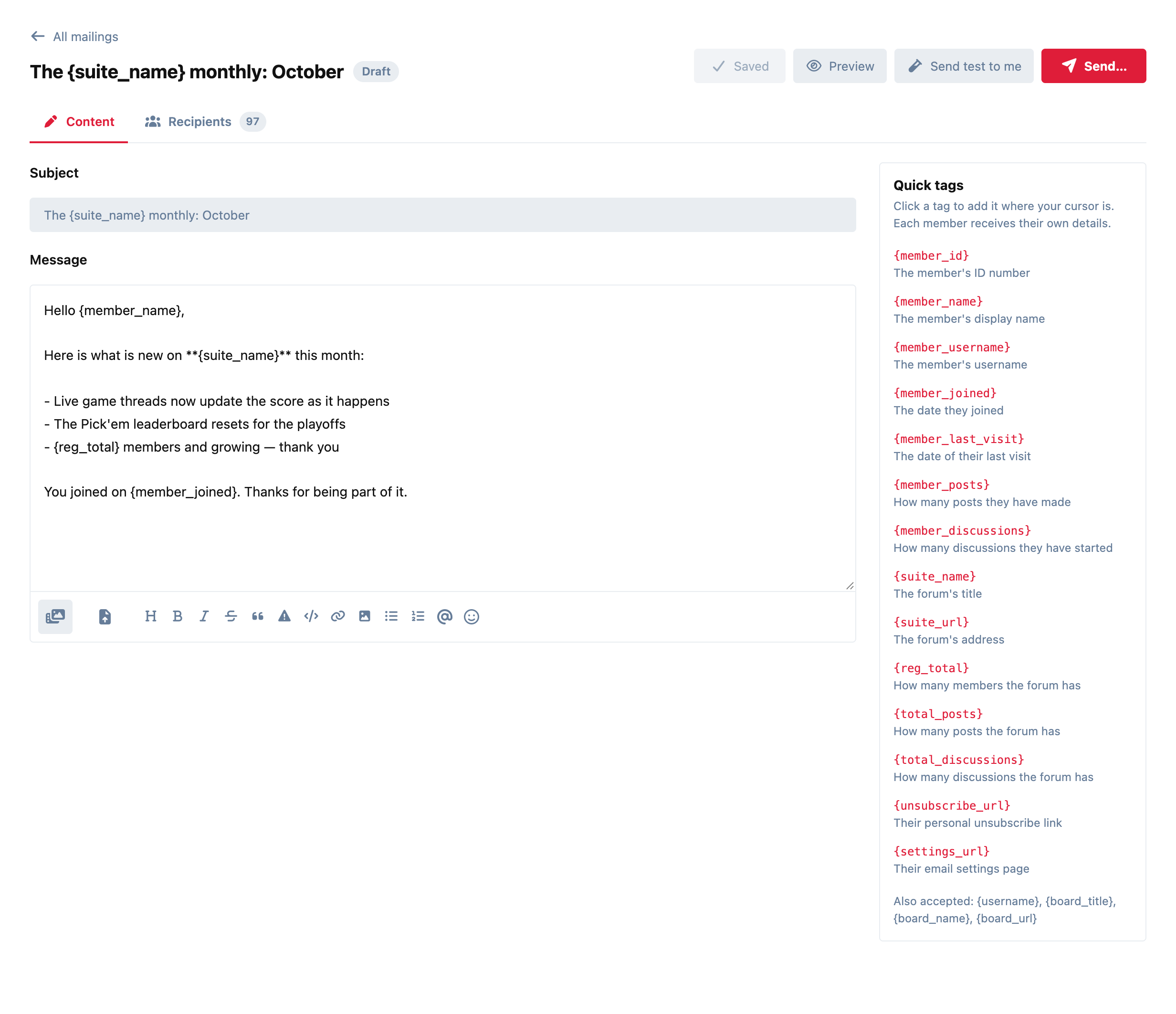 Composing a mailing: the subject and message on the left, the Quick Tags panel on the right