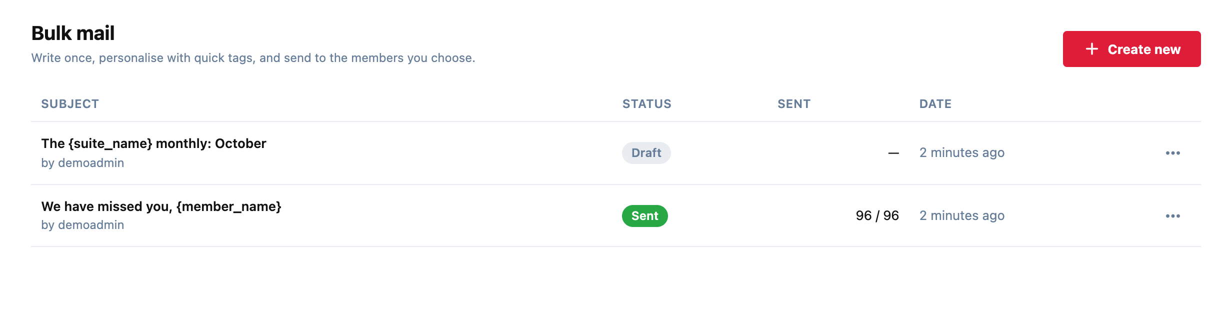 The list of mailings, with a draft and a sent mailing