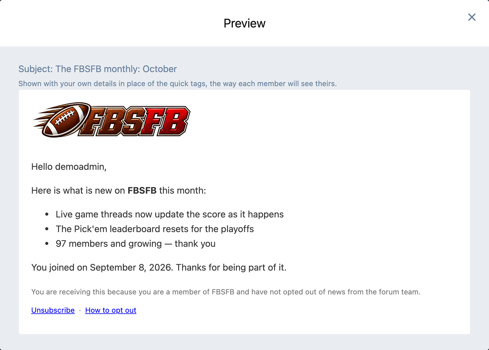 The preview, filled in with the admin's own details