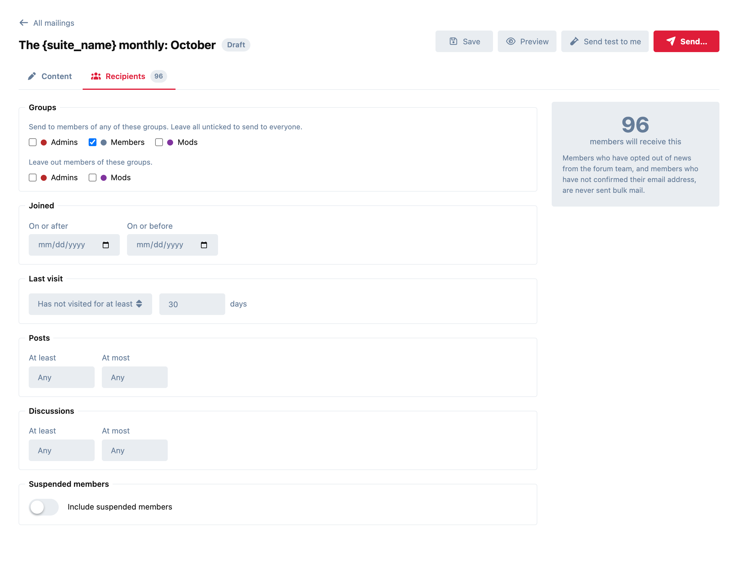 The Recipients tab: group, join date, last visit, post and discussion filters, with a live count