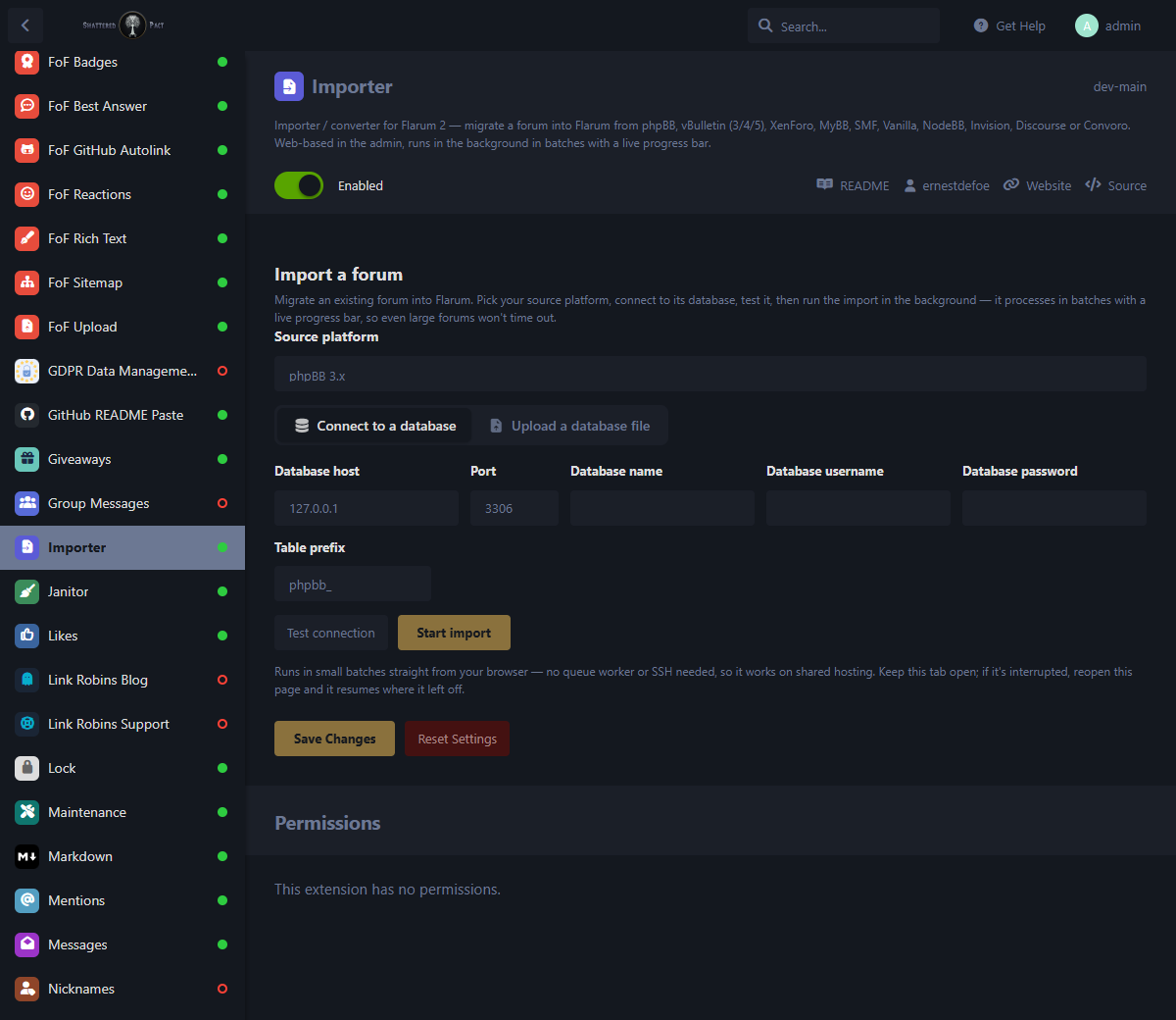 Importer admin — connection wizard