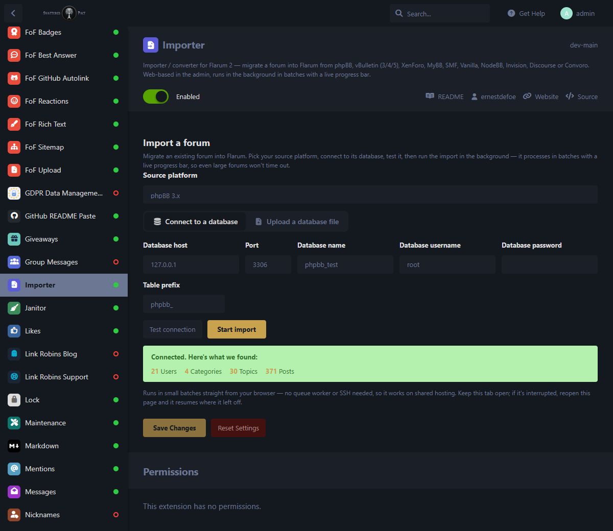 Importer admin — successful connection test with row counts