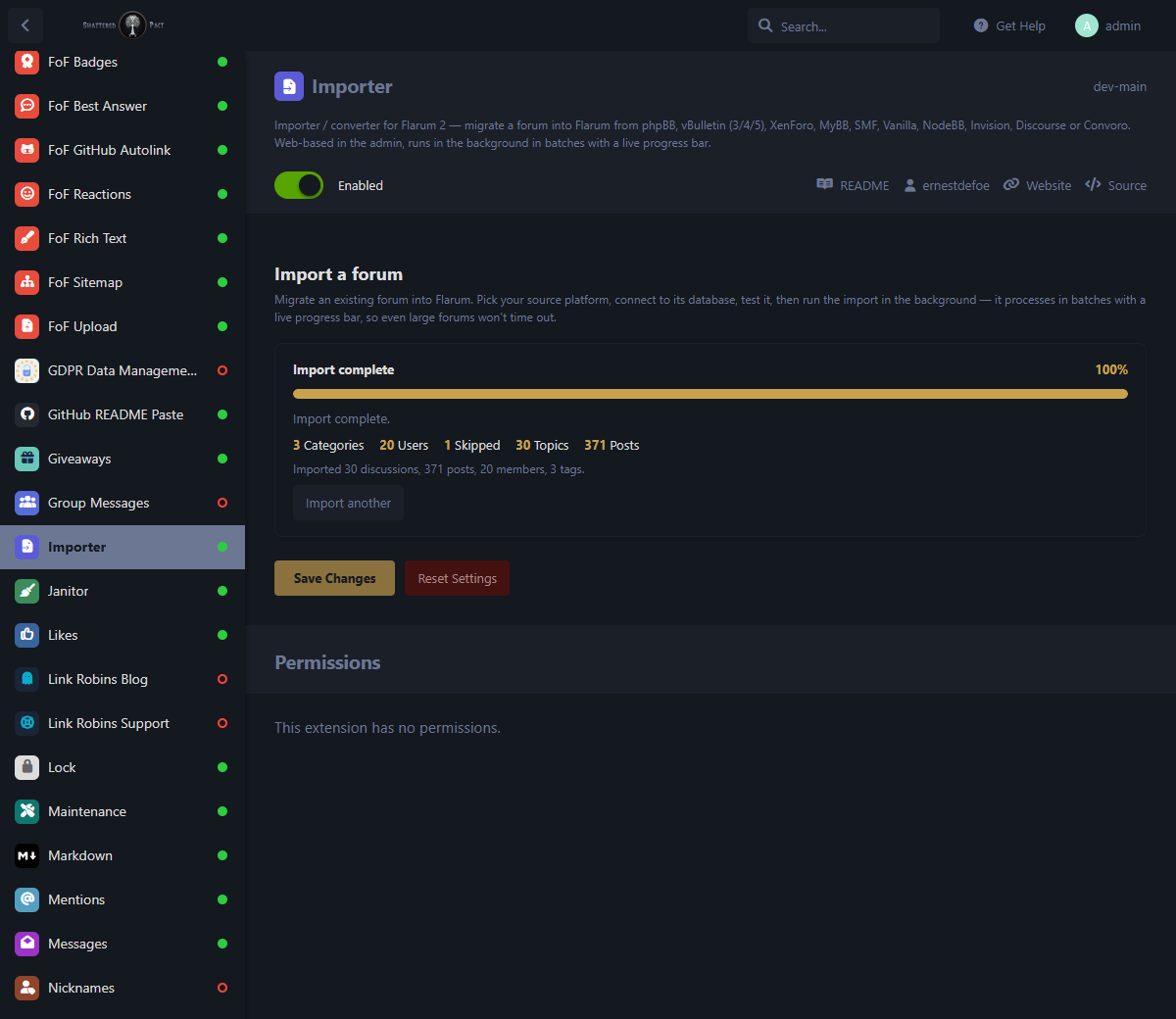 Importer admin — completed import summary