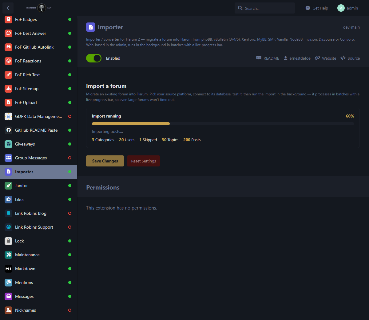 Importer admin — live progress bar with running totals