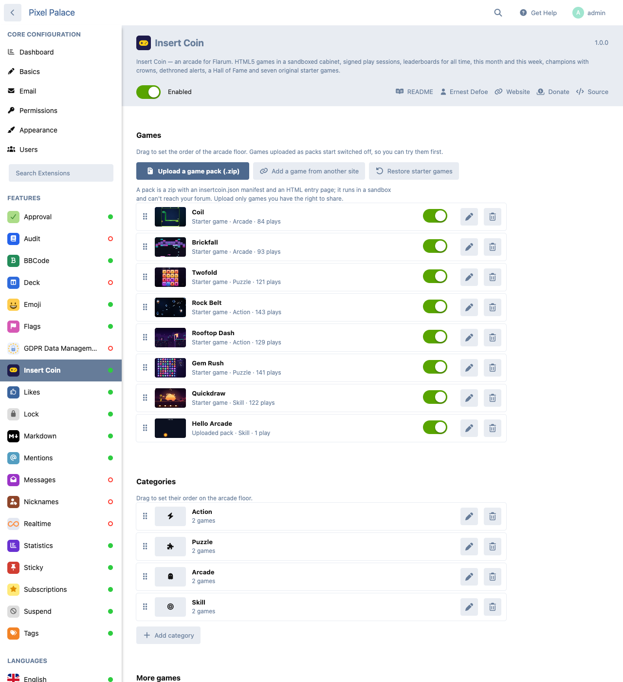 The admin page