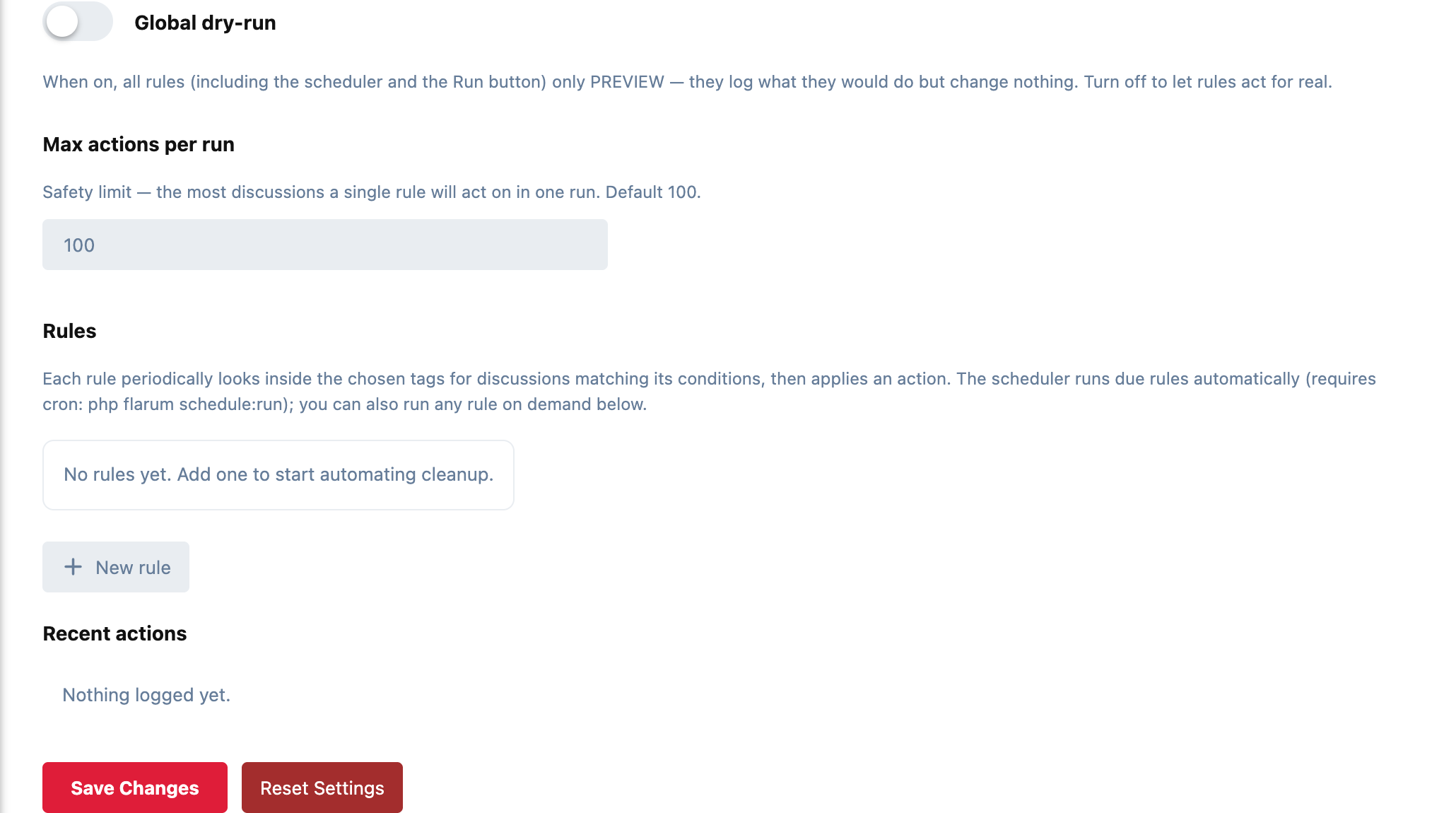 Janitor's admin page: the global dry-run switch, the per-run safety limit, the rules list with a New rule button, and the recent actions log