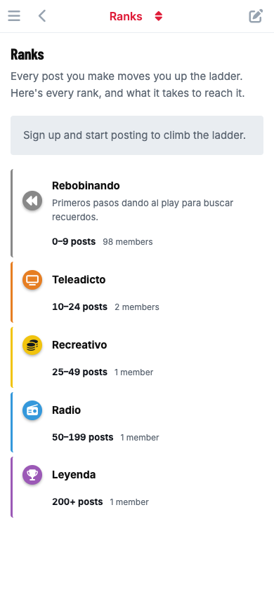 The Ranks page on a phone