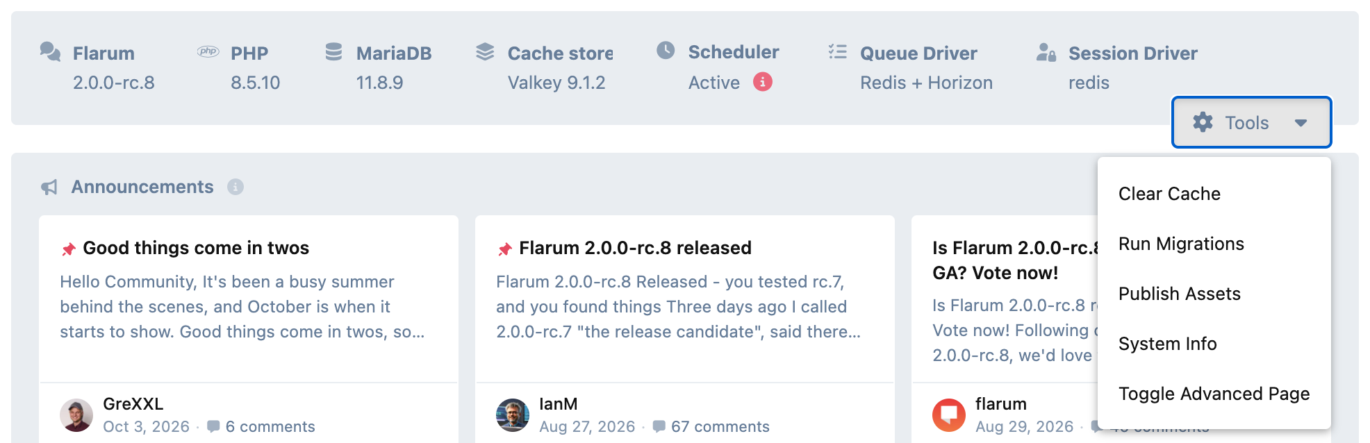 The admin dashboard's Tools menu with Run Migrations and Publish Assets beside Clear Cache, System Info and Toggle Advanced Page