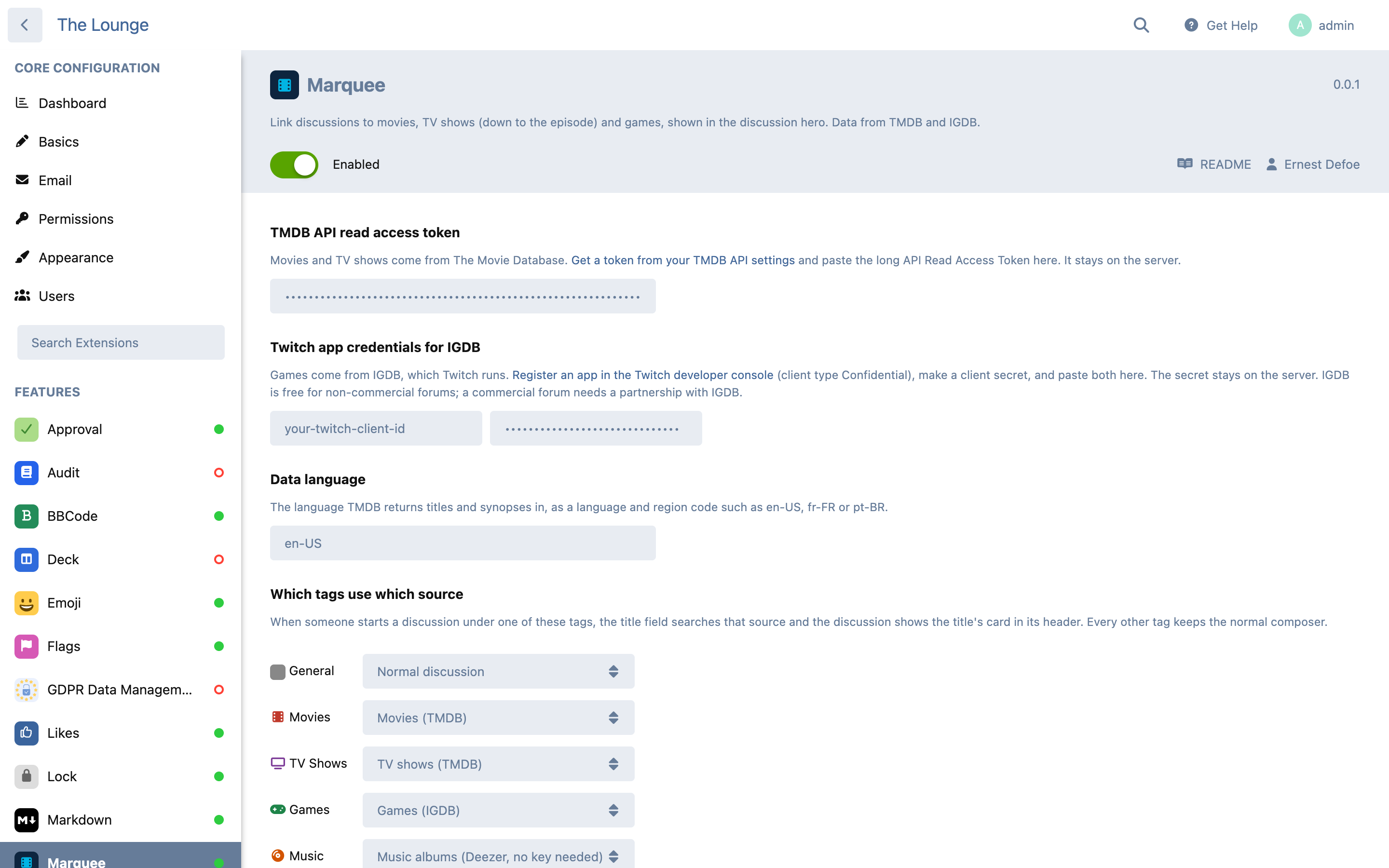The settings page