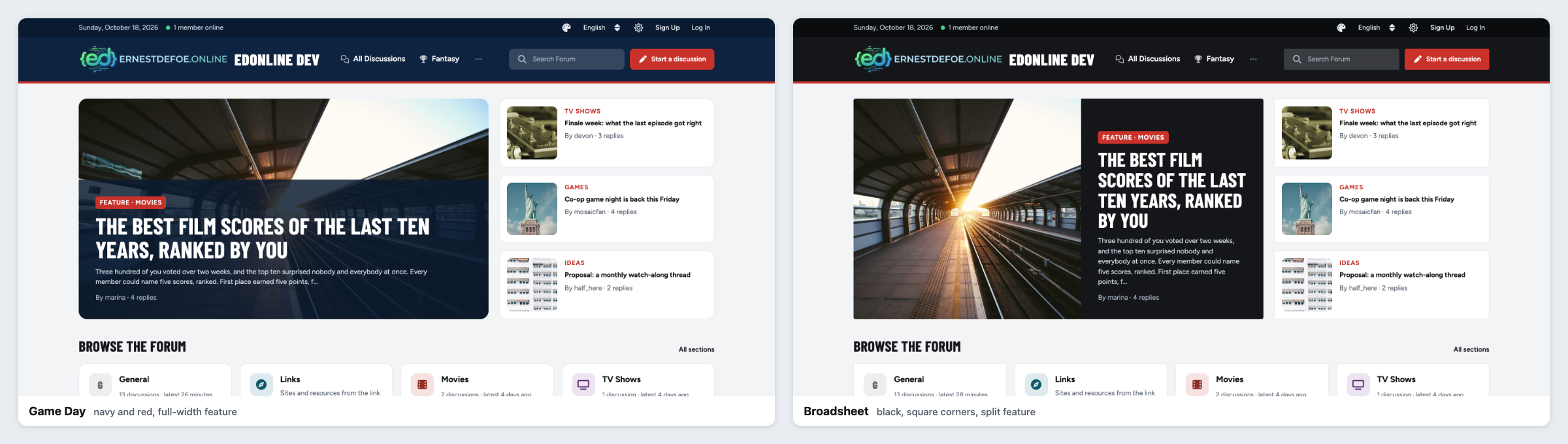 Two presets side by side: Game Day and Broadsheet