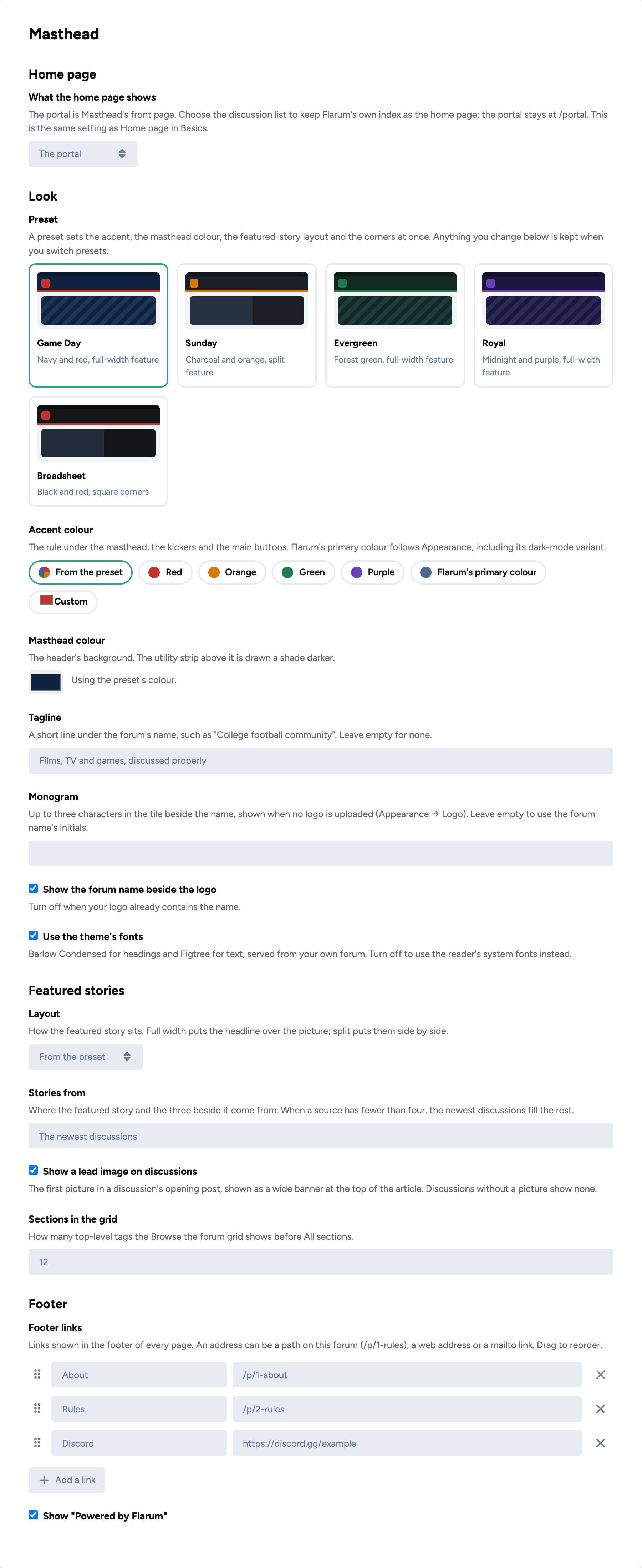 Masthead's settings: presets, accent, masthead colour, featured stories and footer links