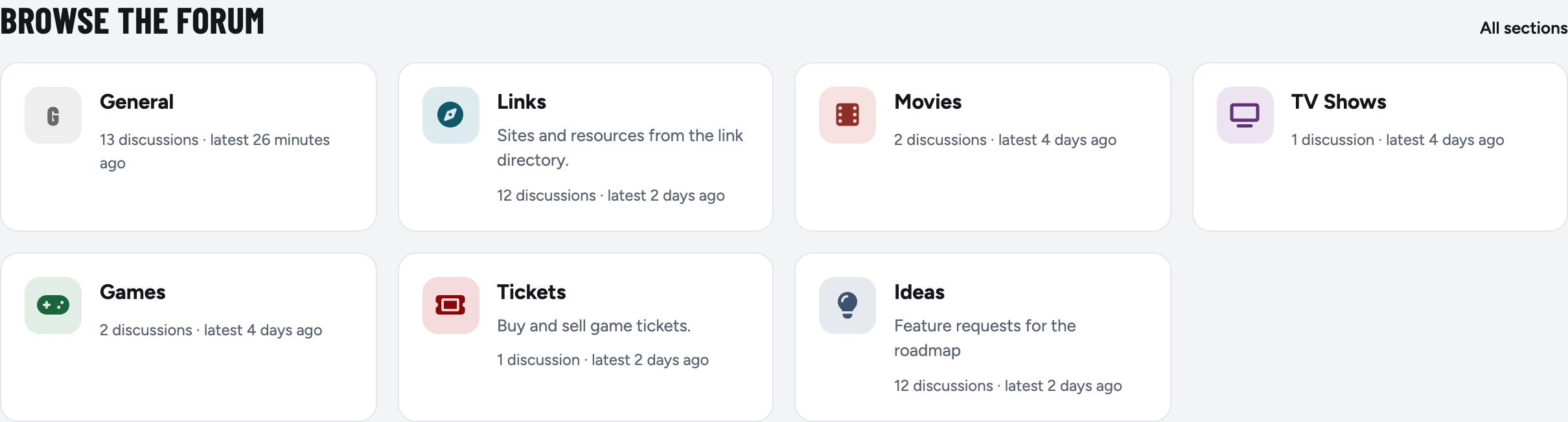 Browse the forum: a tile for each section