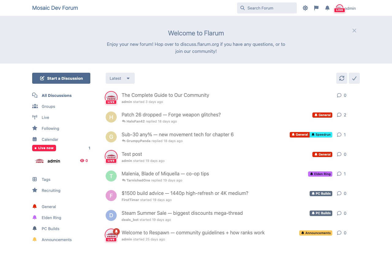 OnAir — the LIVE badge follows a streamer's avatar everywhere, with a Live Now sidebar widget