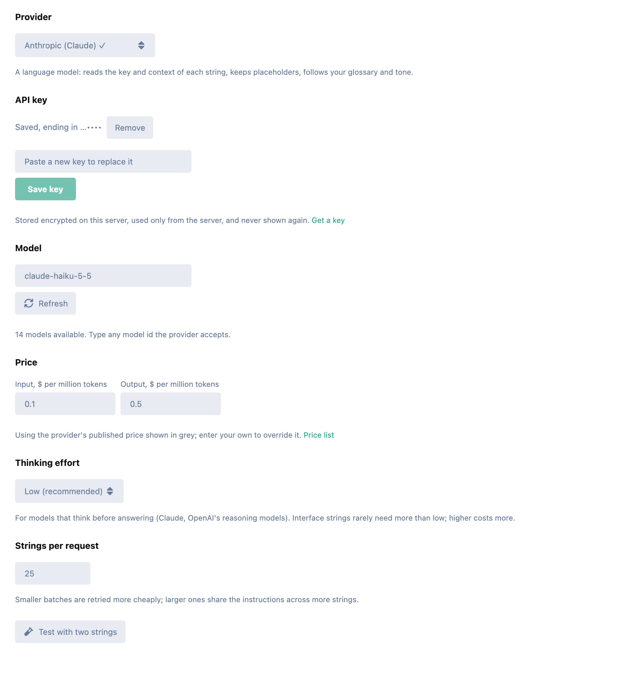 Provider settings: Claude, its model list and its built-in price